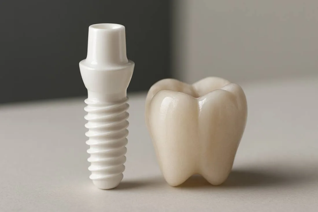 Weisses Zirkonoxid-Keramikimplantat neben einer natürlich wirkenden Zahnkrone auf hellem Untergrund
