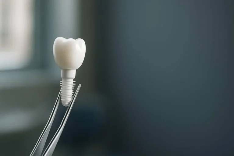 Metal-free zirconia ceramic implant, held with tweezers, Kilchberg Dental Practice