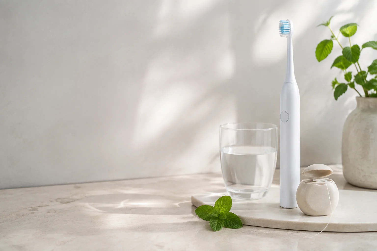 Elektrische Zahnbürste, Zahnseide, Wasserglas und Minze als persönliches Mundhygiene-Ritual